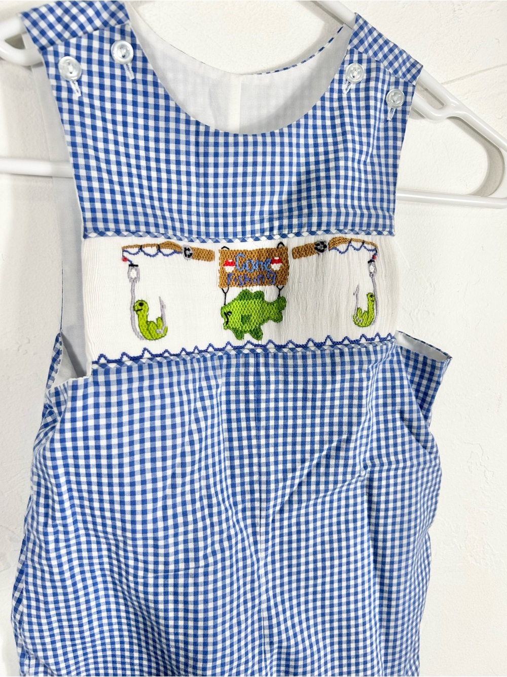 Closet Nine Vintage Blue Gingham Smocked Fishing Jon Jon Romper Longall 24 Month